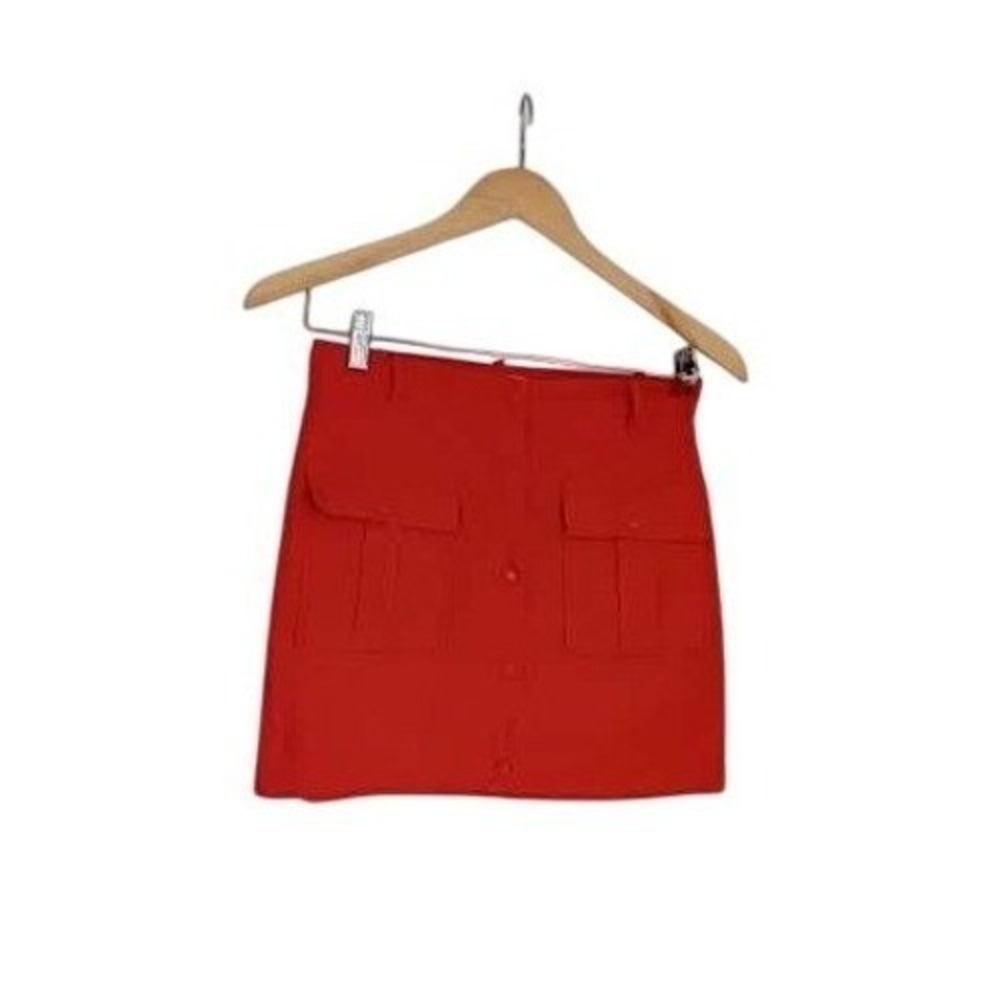 Idem Ditto XS Red Linen Cargo Mini Skirt High Waist Button Front Utility Pockets - Picture 2 of 9
